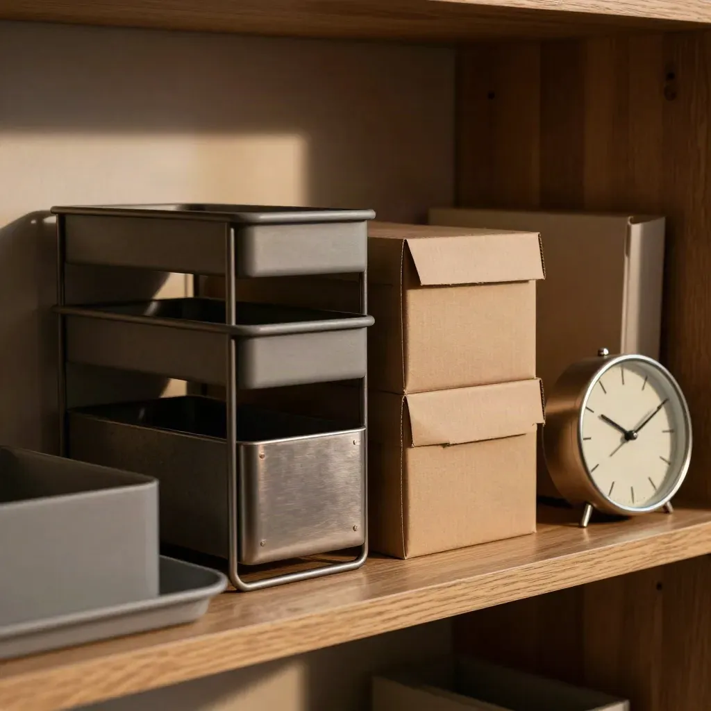 Task trays and storage boxes on a calm office shelf in warm late-afternoon light.