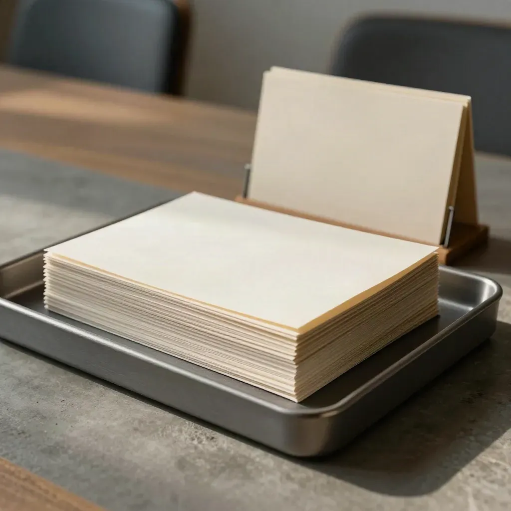 Macro of charity board packets, update tray and notice rail in a quiet office